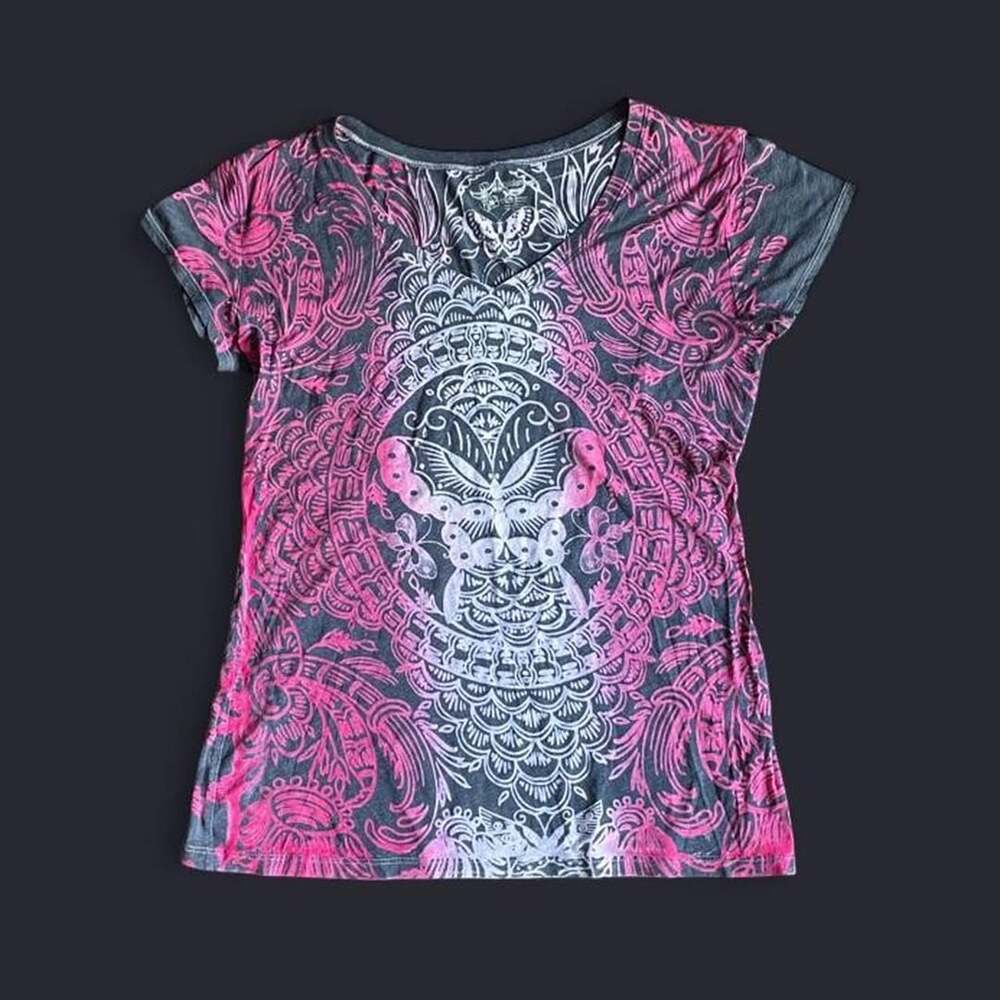 Y2K Gothic Shirt Women’s XL Grunge V-Neck Baby Tee Black Pink